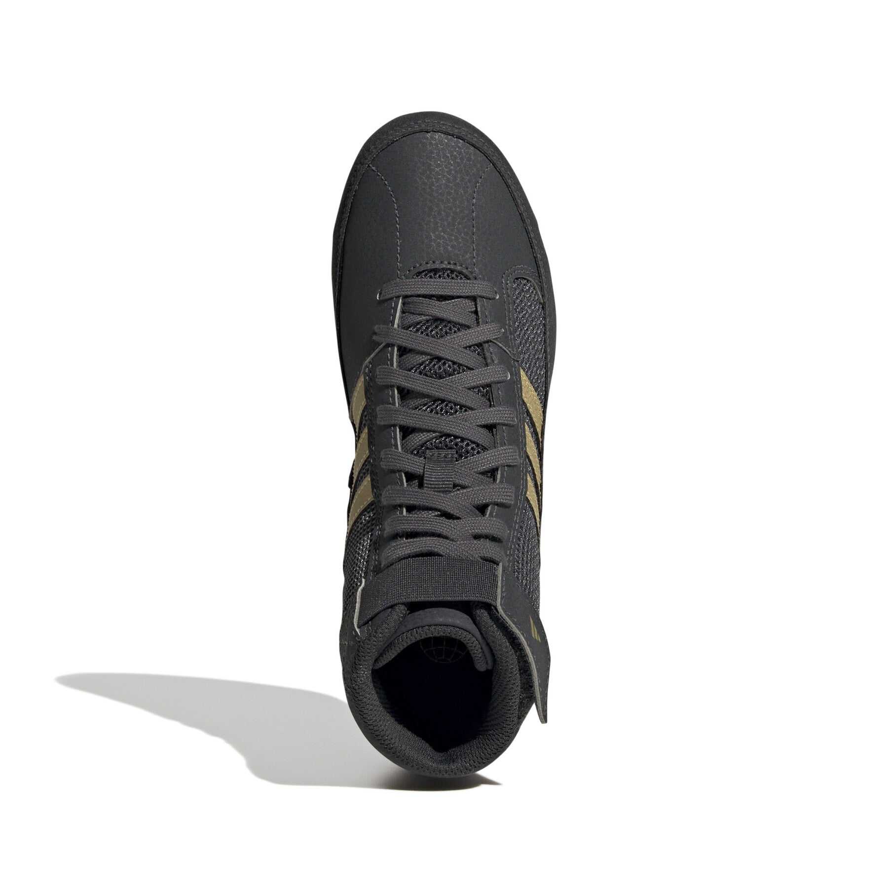 Top view of grey and black Adidas HVC junior wrestling shoe with gold stripes and breathable mesh upper