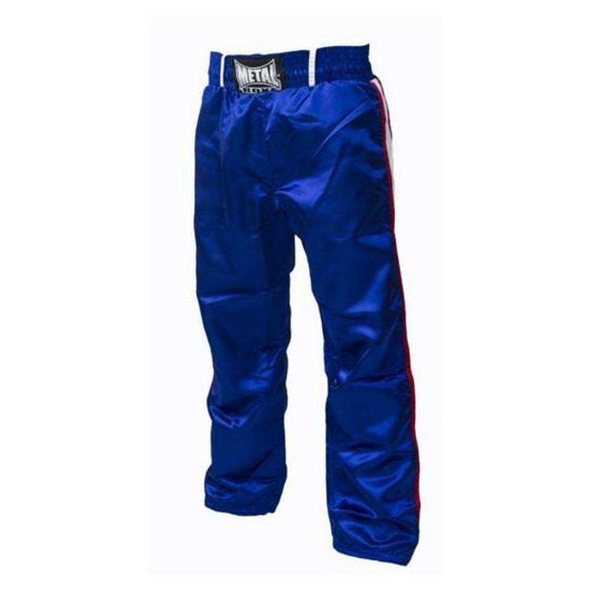 Blue Metal Boxe MB55 full-contact pants with two side stripes, elastic waistband and lightweight polyester fabric for kickboxing and full-contact sports.