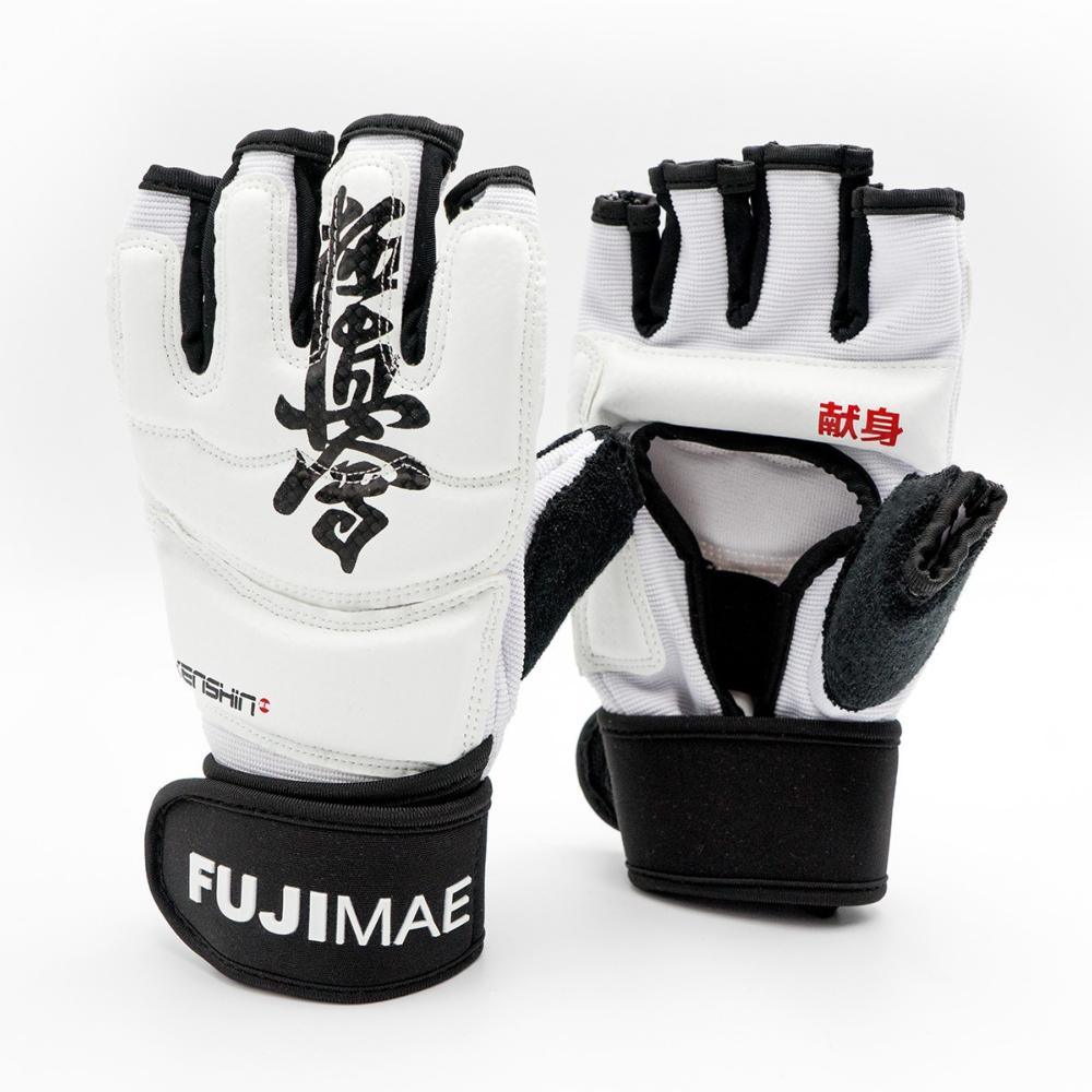 Gants Kyokushinkaï KenShin Fuji Mae blanc et noir, mousse EVA et fermeture velcro