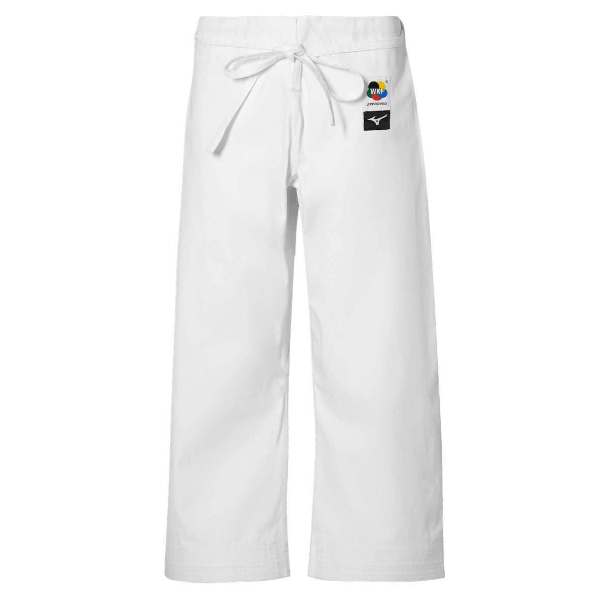 White Mizuno karategi pants for kata practice with WKF approval and traditional drawstring waistband
