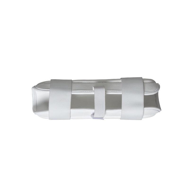 White Adidas PU shin guard with triple Velcro straps for martial arts protection and comfort