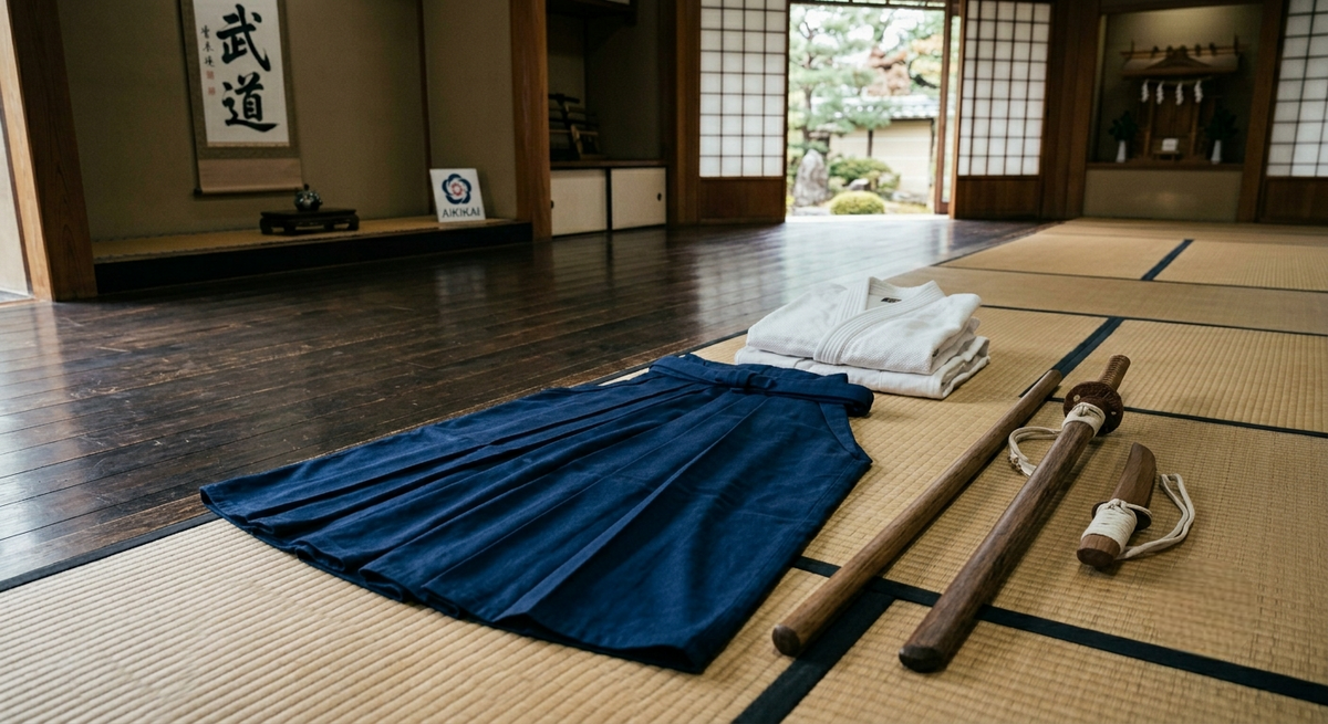 Équipement complet d'aïkido avec hakama, keikogi, bokken, jo et tanto pour l'entraînement