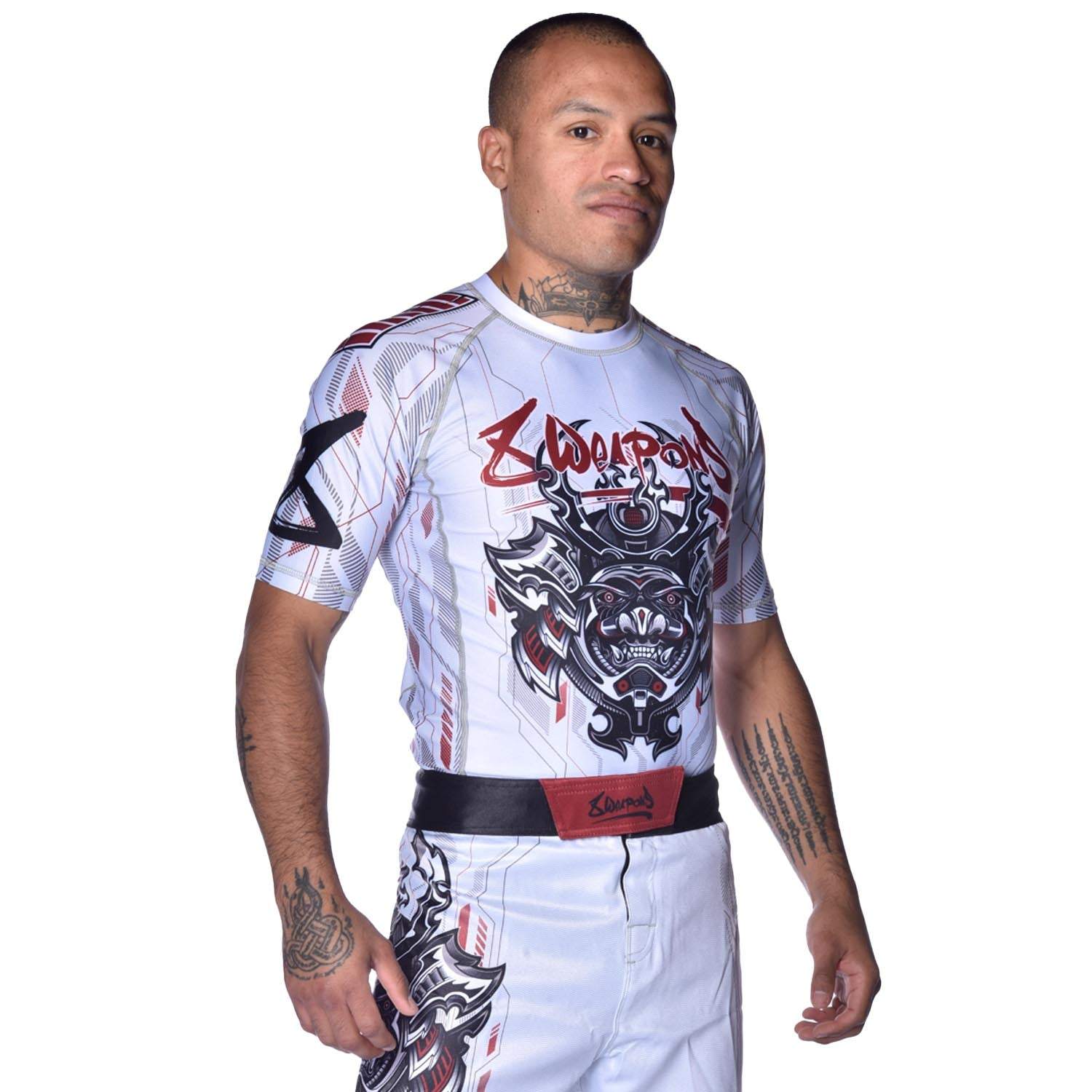 Rashguard manches courtes 8 WEAPONS Samurai 2.0 blanc rouge coupe ajustée compression sportive