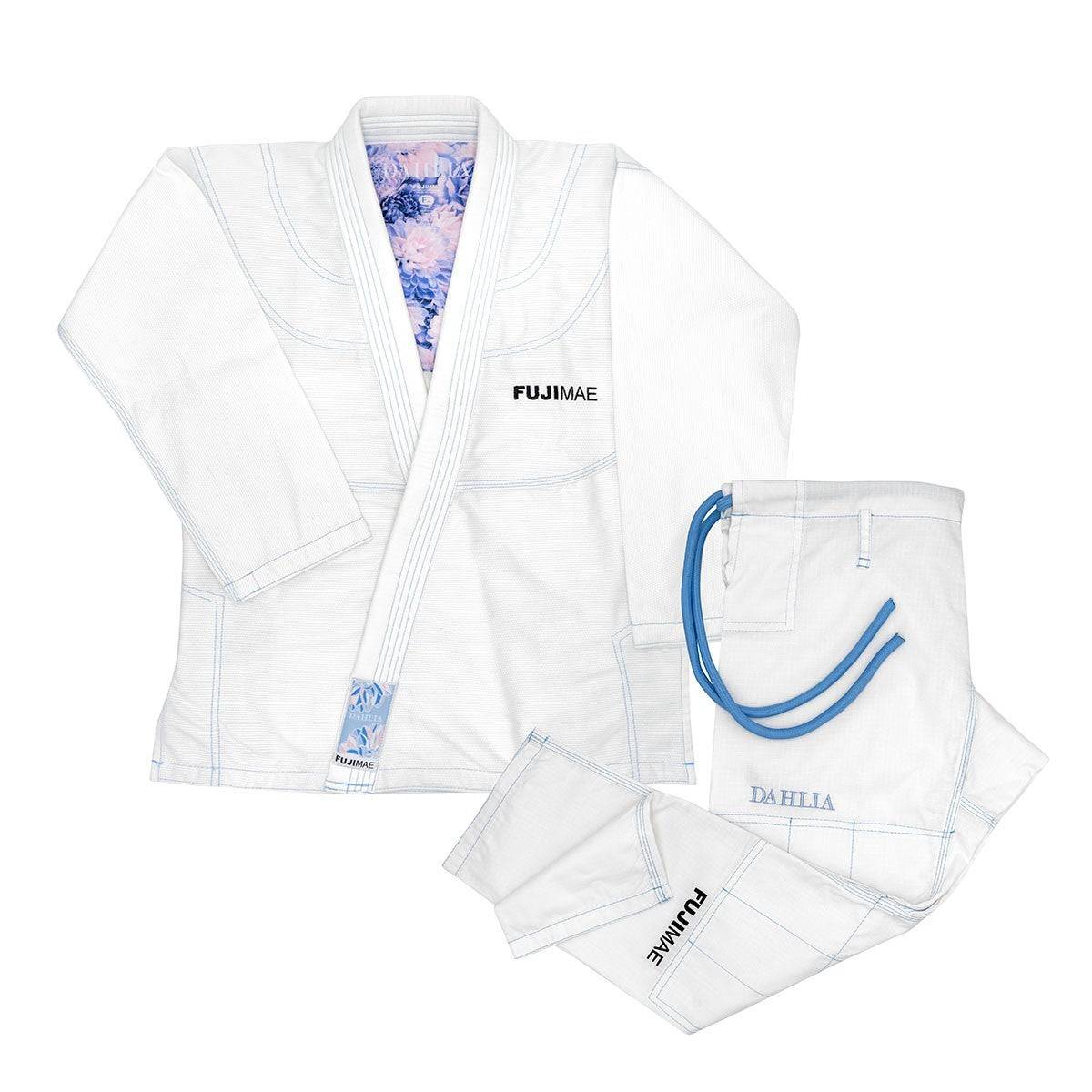 White and blue women's Kimono BJJ Gi Dahlia FUJIMAE with floral inner lining and reinforced pants designed for Brazilian Jiu Jitsu competition