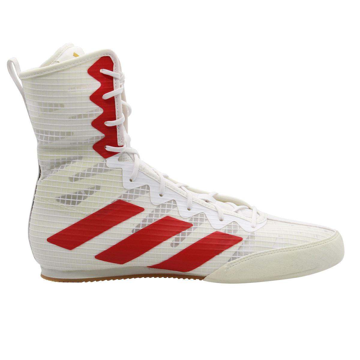 White and red Adidas Box Hog IV boxing shoe with high ankle support and lightweight design