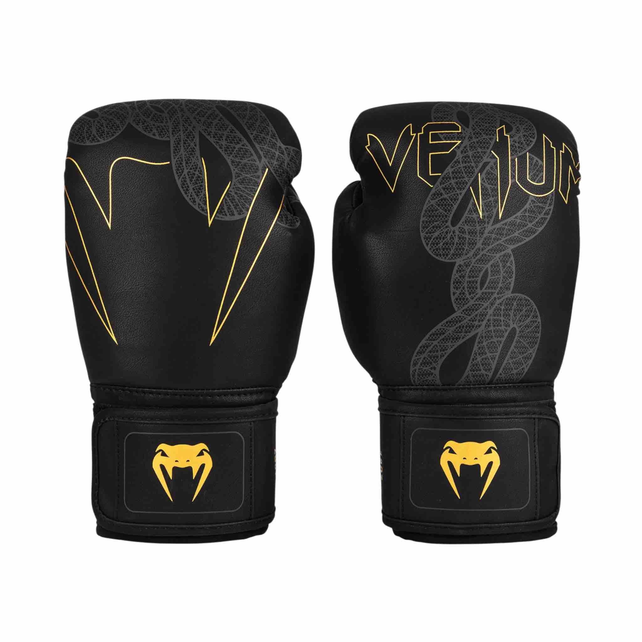 Gants de boxe Venum Serpenti noirs avec design serpent intégral et protection maximale