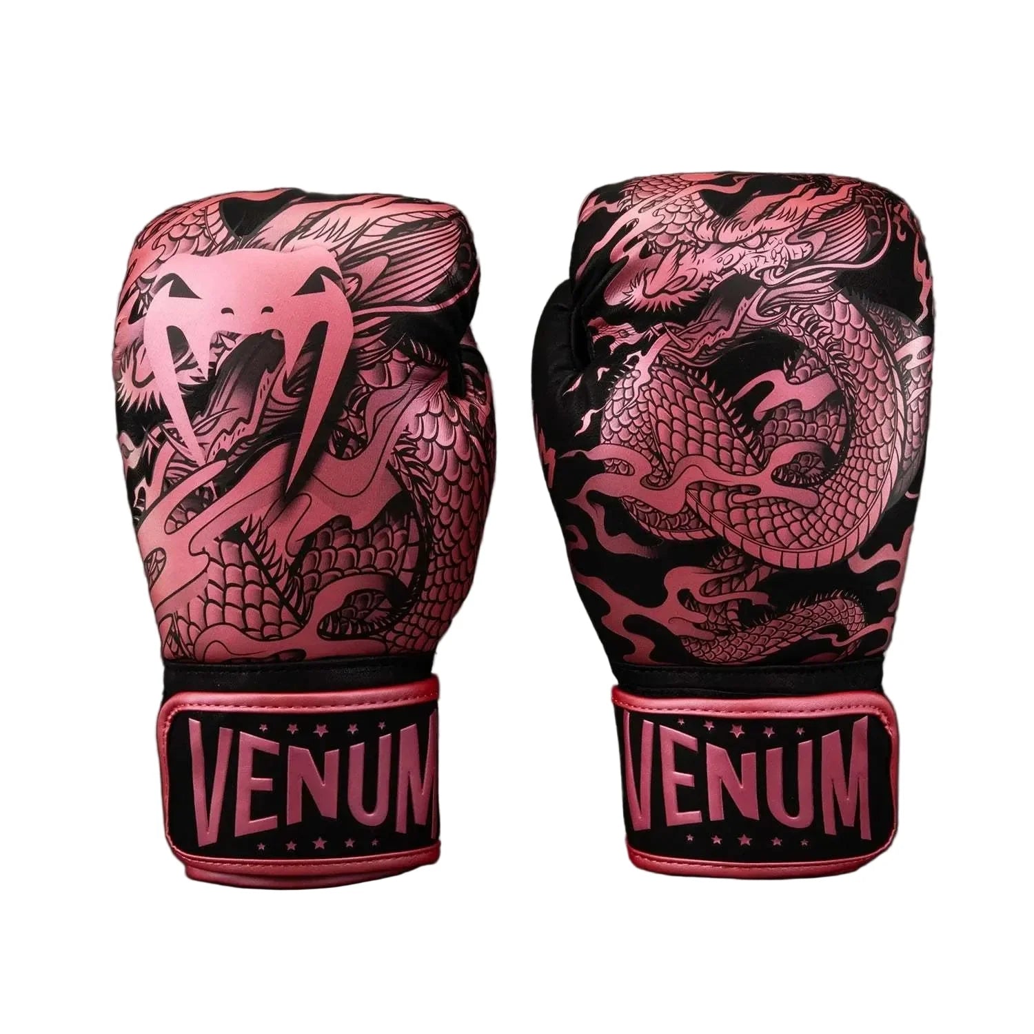 Gants de boxe Venum Dragon’s Flight noir et rose métallisé avec design dragon et protection renforcée