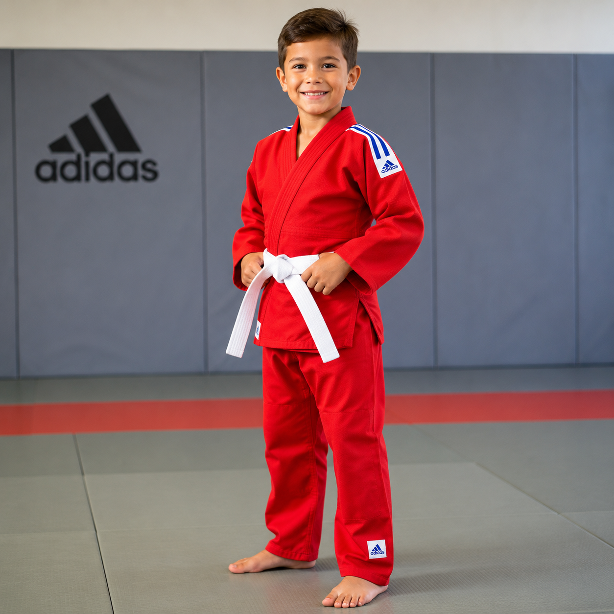 Veste et pantalon du kimono de judo adidas J200 rouge, logo brodé aux épaules