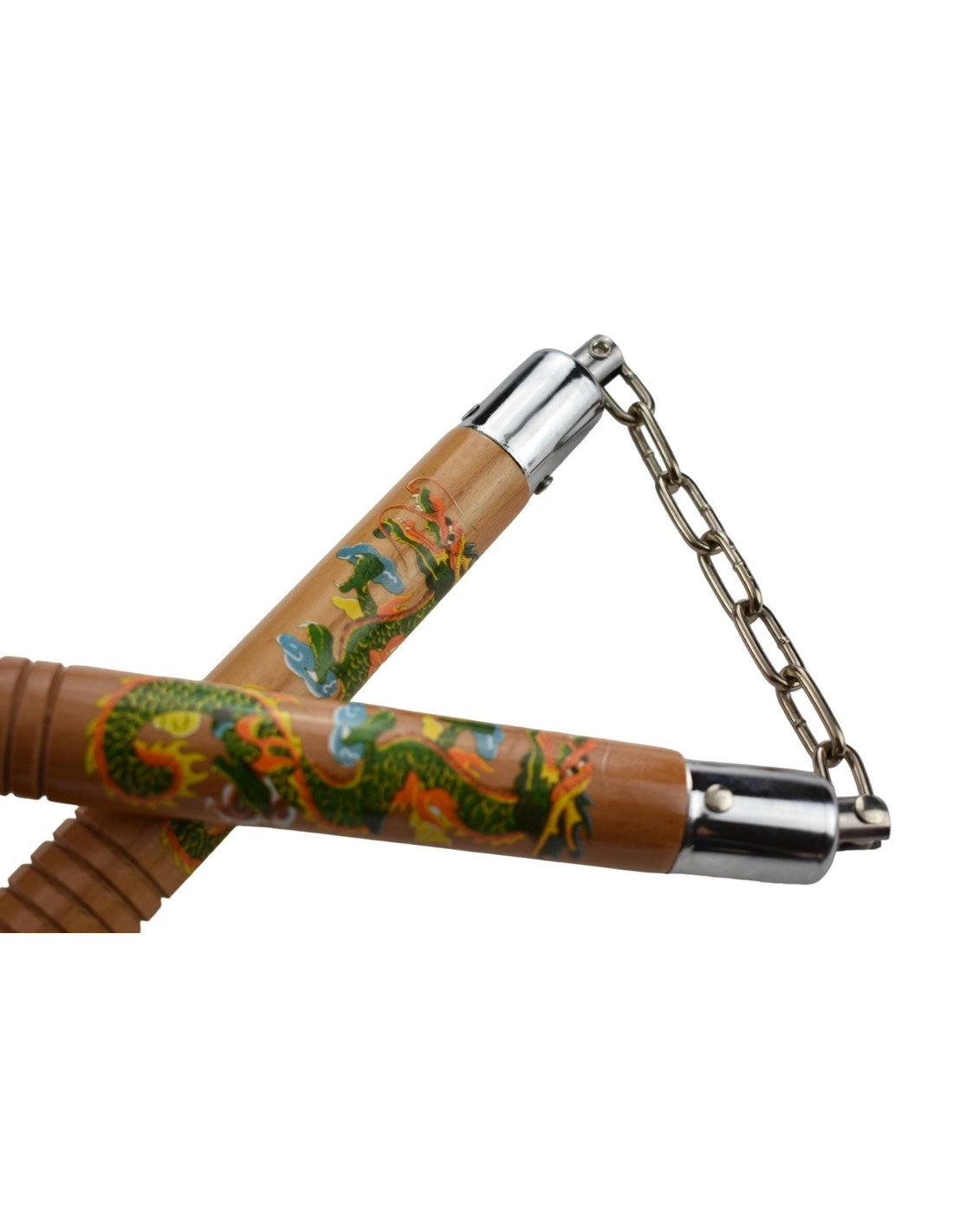 Nunchaku Bois Strié Dragon Naturel Piranha – Chaîne 30 cm