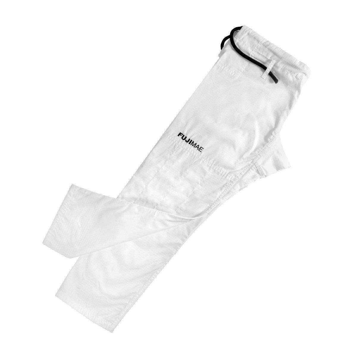 White FujiMae Brazilian Jiu Jitsu training pants with ripstop fabric and reinforced knees, IBJJF compliant