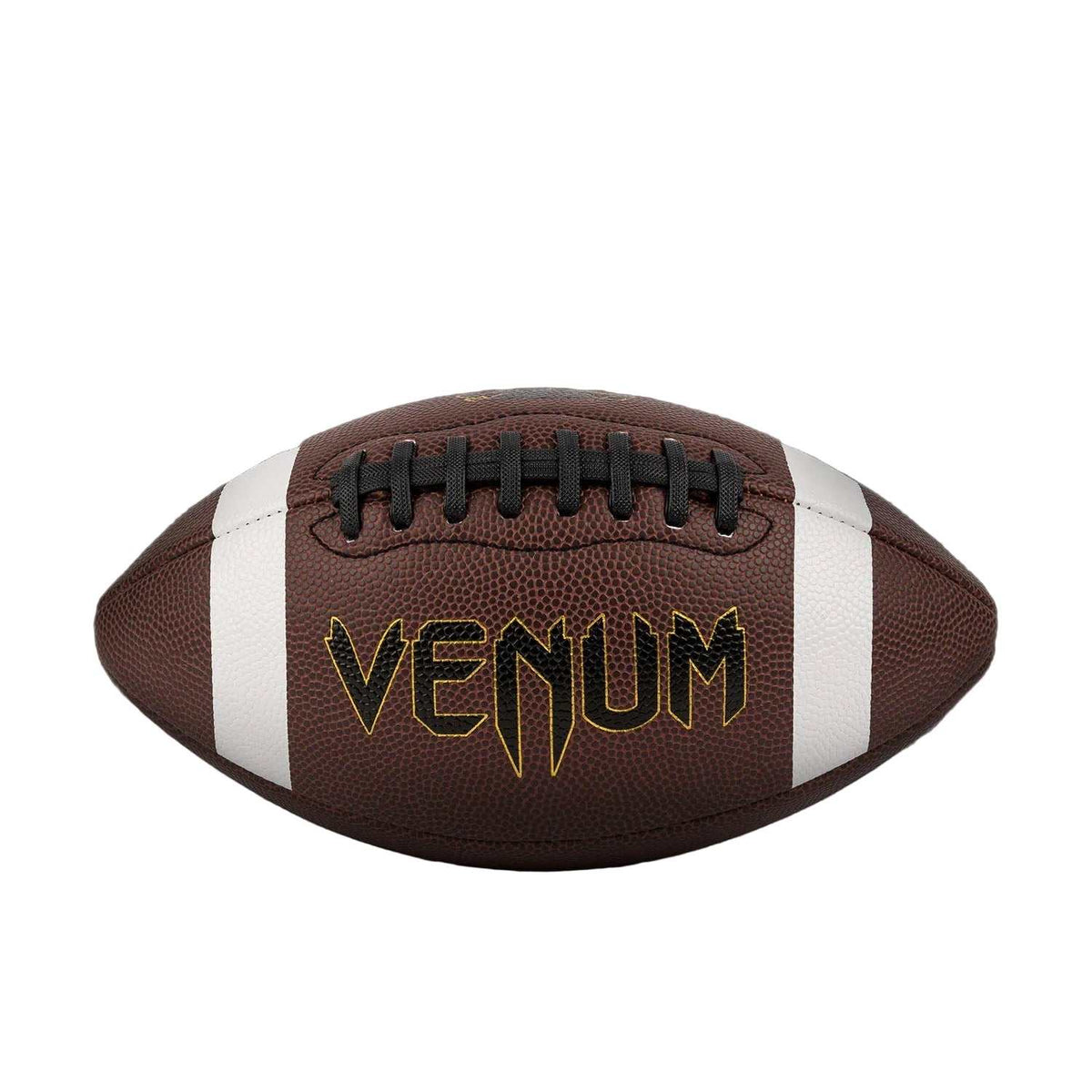 Ballon de football américain Venum marron en composite texturé, bandes blanches et lacets noirs, logo doré embossé