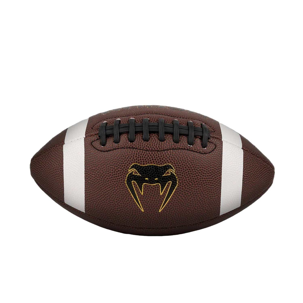 Ballon de football américain Venum marron en revêtement texturé, bandes blanches, lacets noirs et logo cobra doré.