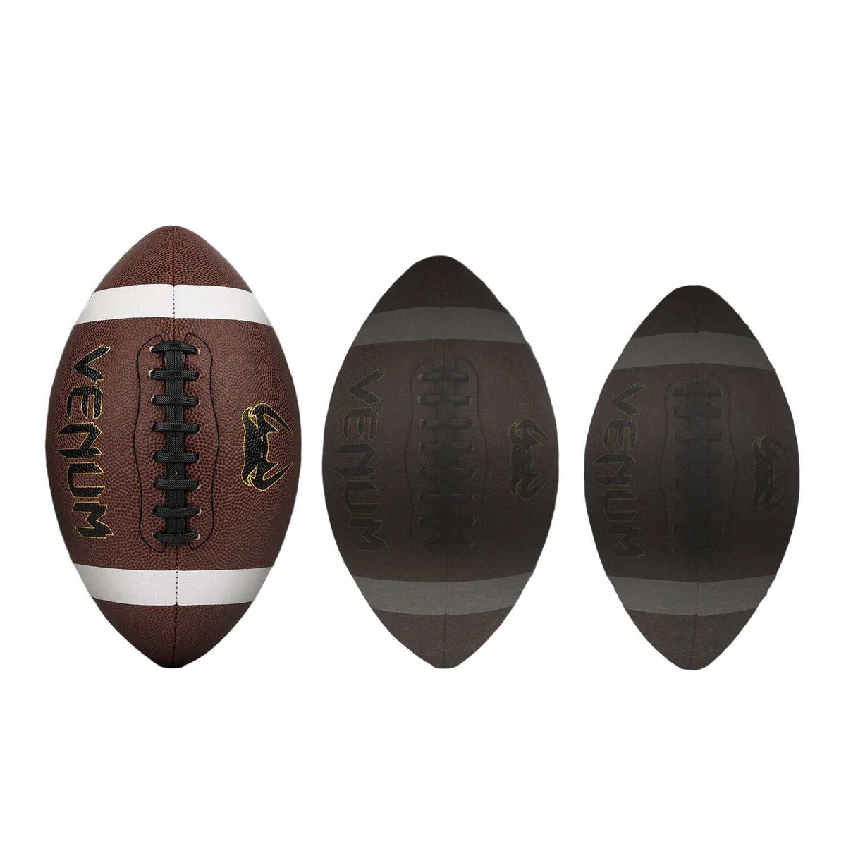 Ballon de football américain Venum marron en composite texturé, avec bandes blanches et lacets noirs.