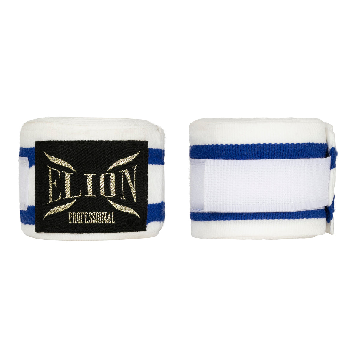 Bandes de boxe ELION 4,5 m blanc et bleu, coton et lycra, attache pouce et velcro
