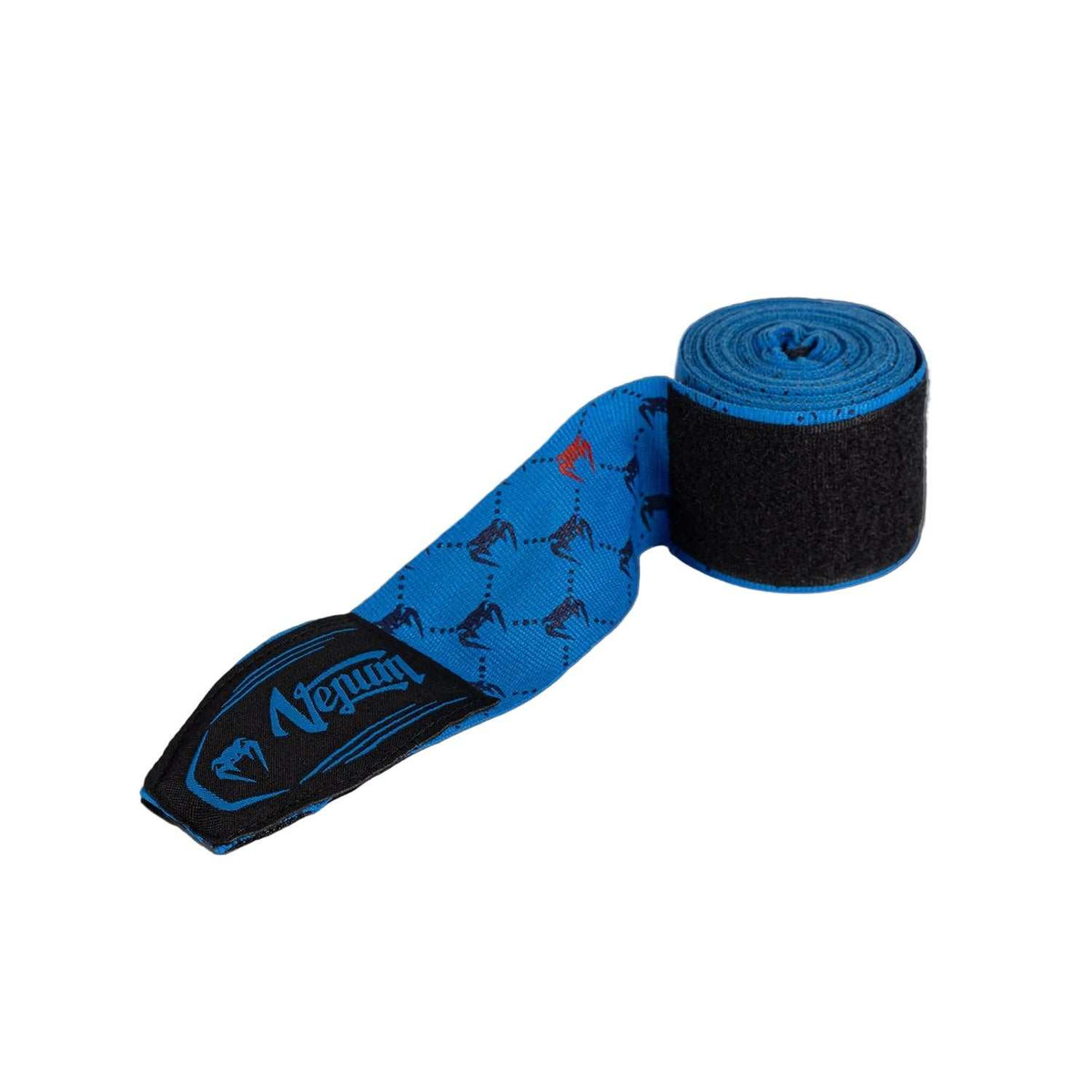 Bandes de Boxe Venum bleues en coton élastique, motif monogramme et fermeture auto-agrippante.