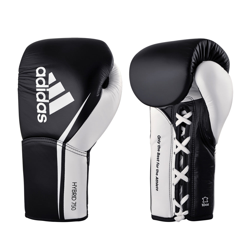 Gants de boxe adidas Hybrid 750 Pro noir et blanc, cuir à lacets
