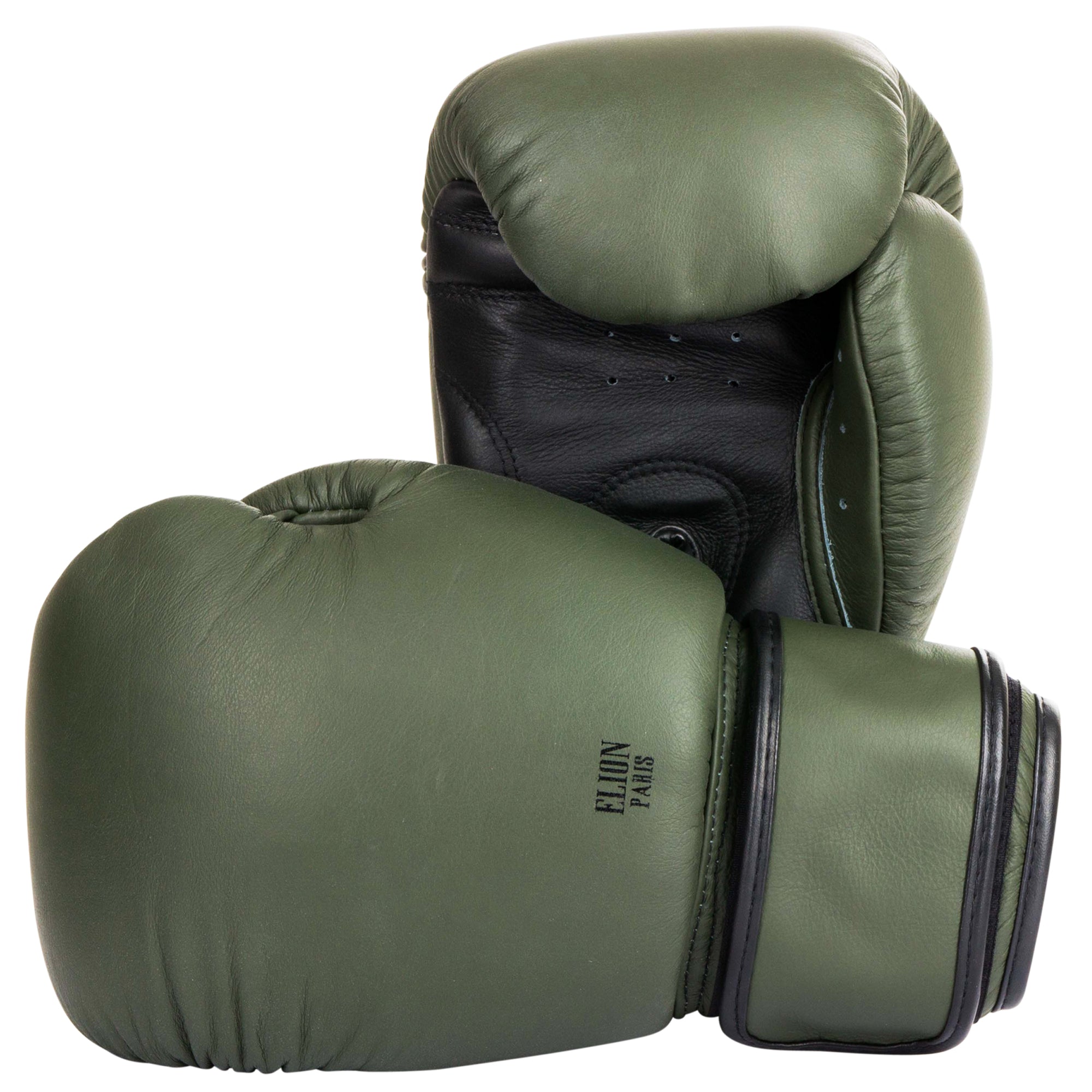 Logo noir ELION Paris sur le gant de boxe kaki mat
