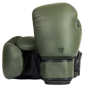 Gants de boxe ELION Collection Paris en cuir kaki mat et noir mat, forme ronde sans renfort de paume, mousse triple densité