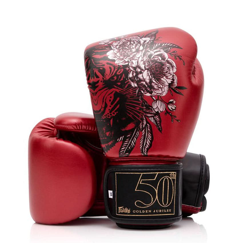 Gants de boxe Fairtex Golden Jubilee, microfibre brillante et sérigraphie artisanale
