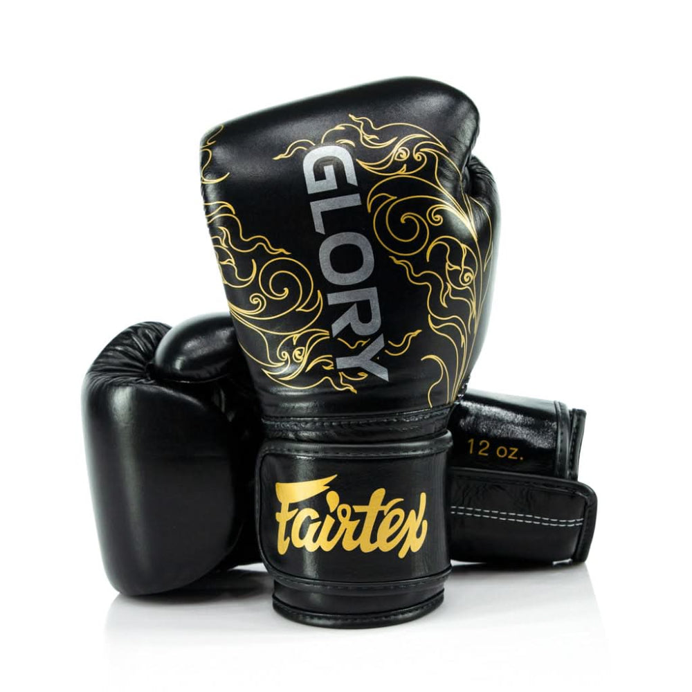 Gants de boxe Fairtex x GLORY noir et or, kickboxing compétition