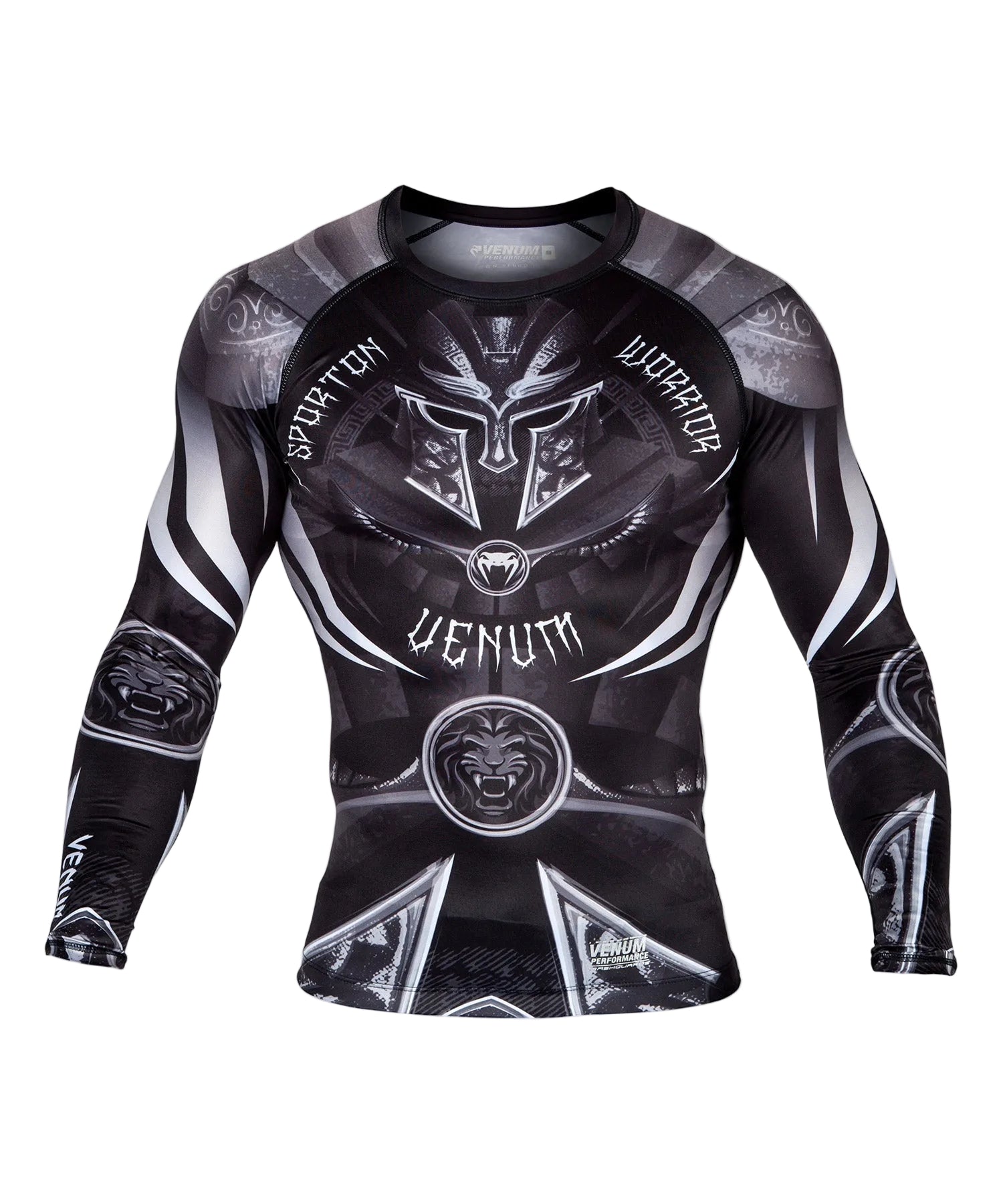 Rashguard Venum Gladiator 3.0 manches longues noir et blanc, vue de face
