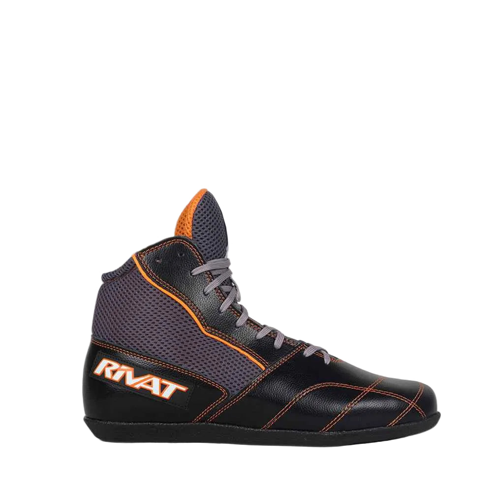 Chaussure de boxe française Rivat Uppercut noir, profil gauche et laçage
