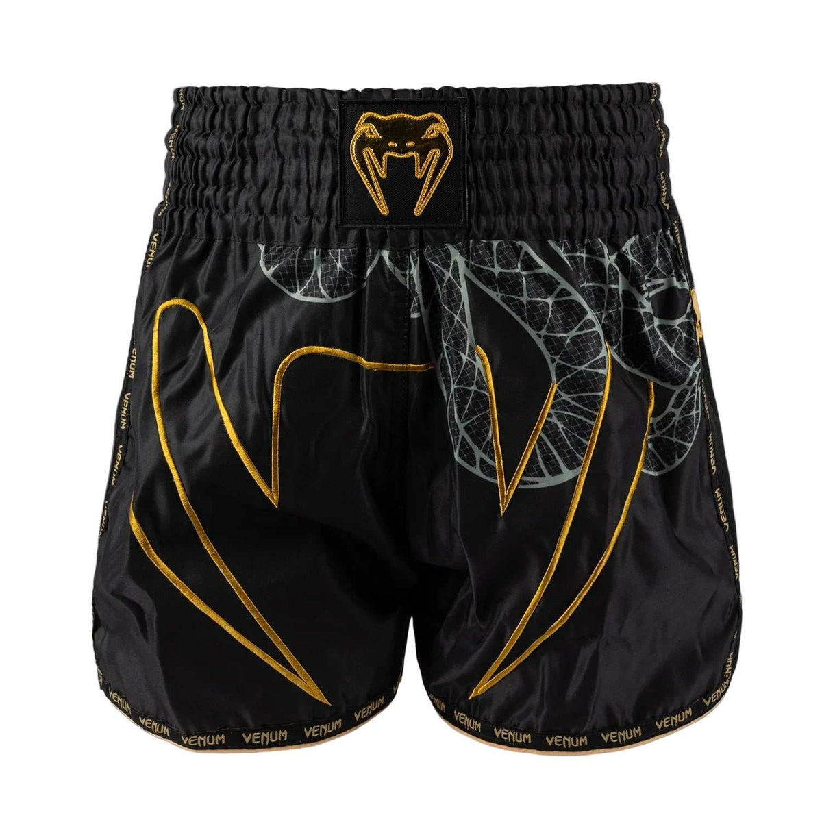 Short de Muay Thai noir en polyester, orné d’un motif serpent argenté et doré, avec ceinture élastique large