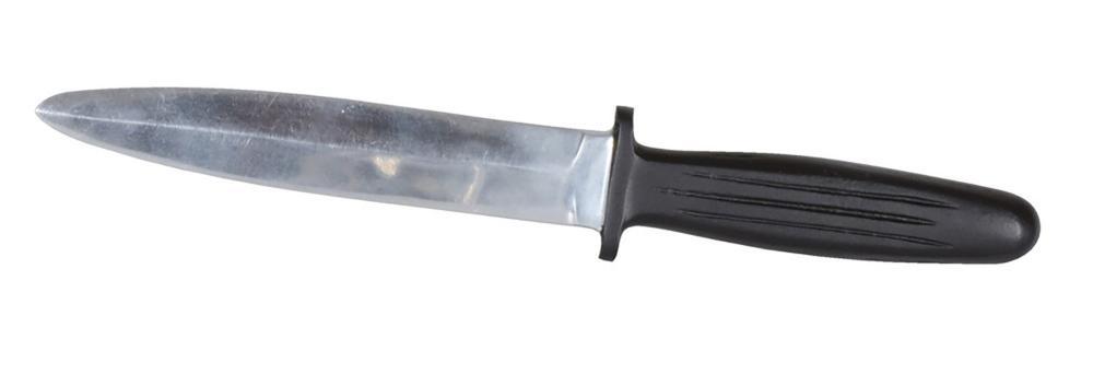 Black handled aluminum training boot knife with rounded tip for martial arts and self-defense practice