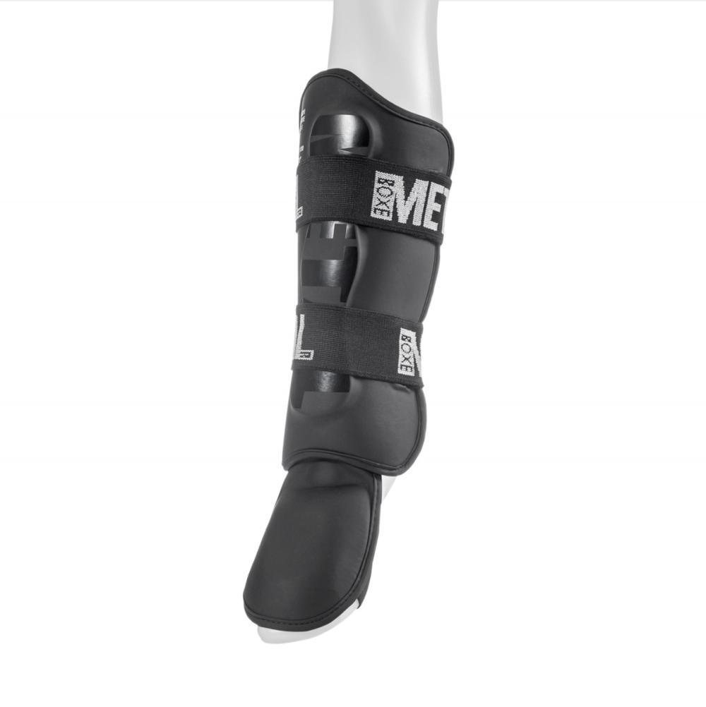 Black and red METAL BOXE MB210 shin and detachable foot guard with ergonomic design and Velcro straps for martial arts training and competition